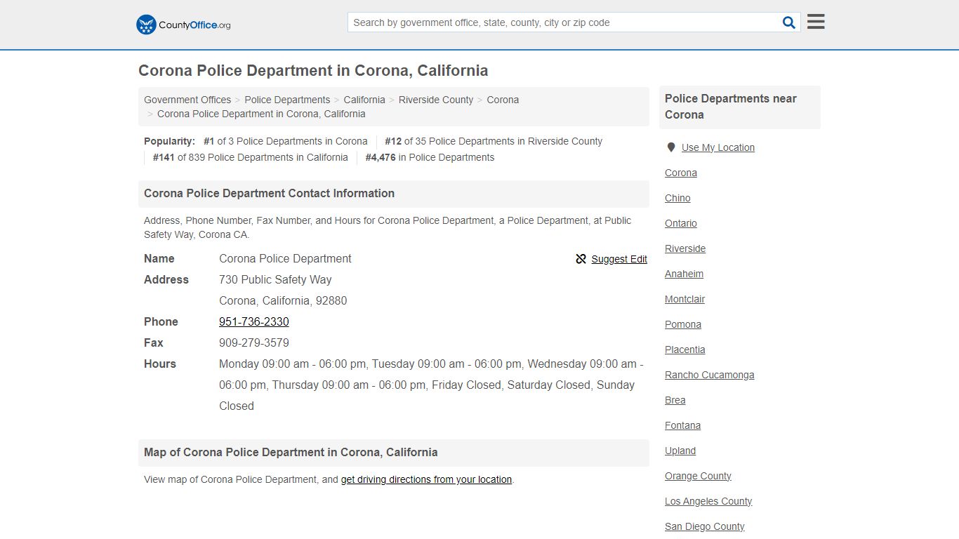 Corona Police Department - Corona, CA (Address, Phone, Fax, and Hours)